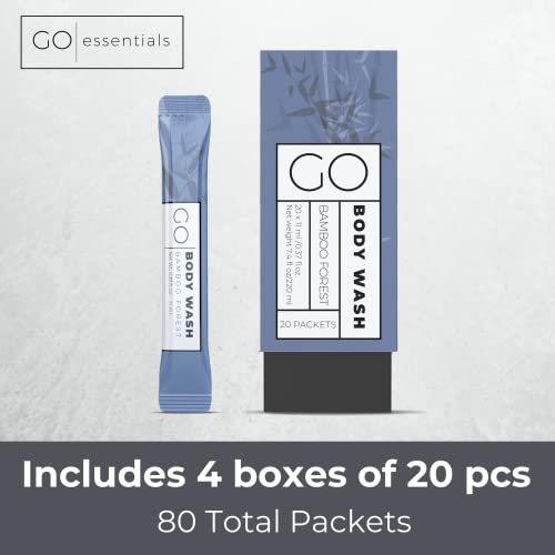 GO Essentials Travel Size Single Use Body Wash Packets - TSA Friendly, Bulk Supplies for Airbnb Essentials, Shelters & Hotels (Bamboo Forest, 4 Boxes/80 Packets)