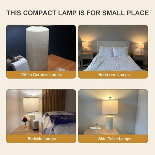 Ceramic Table Lamps Set of 2 - Small Farmhouse Bedside Lamps with Linen Shades - Lime White Variation