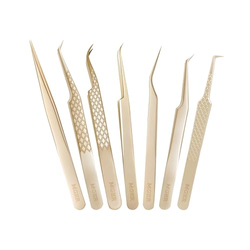 MGER Lash Tweezers for Eyelash Extensions,Diamond Grip 90 Degree Fiber Tip Volume Lash Extension Tweezers,Gold (7Pcs Tweezers Set)