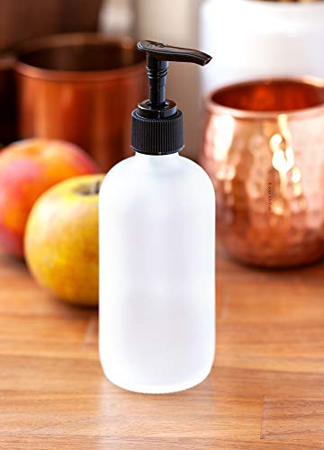 8 oz Frosted Glass Boston Round Bottle with Black Lotion Pump - 4 Pack