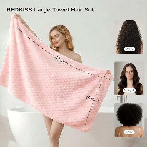 Extra Large Microfiber Hair Towels Set - Soft Over-Sized Wraps with Elastic Straps, 23x47 Inches, 5 Colors
