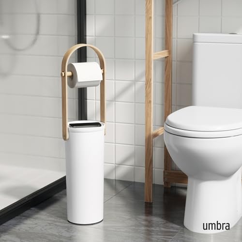 Modern Toilet Paper Holder with Storage - Holds 3 Rolls, White/Natural