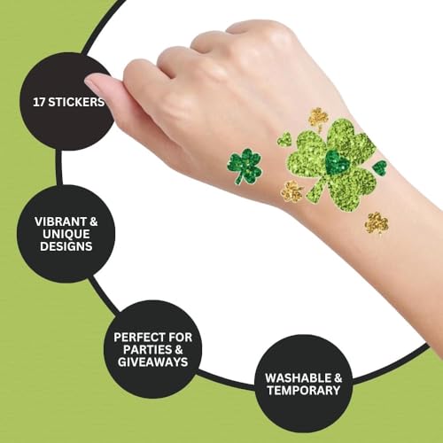 Shamrock Glitter Body Jewelry - 7.75" x 6" (Pack of 1) - St. Patrick's Day Celebration with Assorted Non-Toxic Designs - Sparkle in Parades, Parties & More