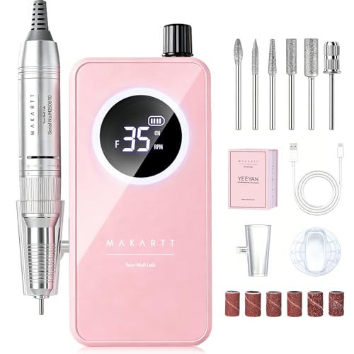 Makartt Pink Cordless Nail Drill for Beginners, Rechargeable E-File with 6 Bits