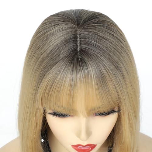 Refined Hair 14 Inch Ombre Blonde Short Straight Bob Wig with Bangs for Women