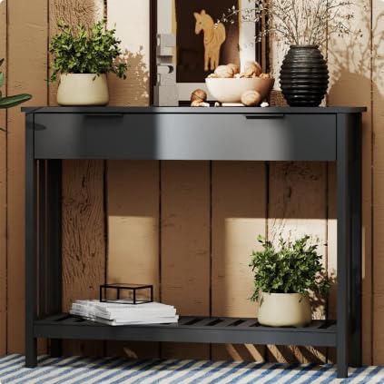 Black Narrow Console Table with Storage - Modern Entryway Sofa Table
