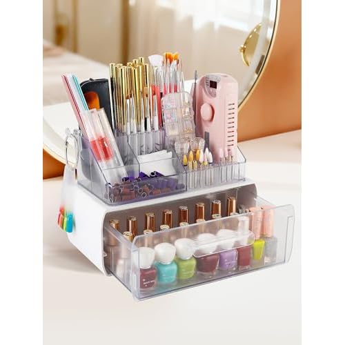 LIARTY Nail Drill Holder with Drawer: Acrylic Nail Drill Bits Holder Makeup Organizer Case for Brush - Beauty Cosmetic Storage Box for Dresser Countertop and Bathroom Vanity