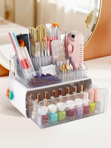 Acrylic Nail Drill Organizer with Drawer - White, Large Capacity, Professional Nail Tool Storage