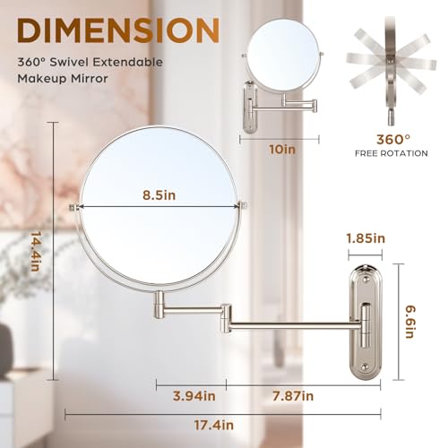 Wall Mounted Makeup Mirror - 1X/30X Magnifying Makeup Mirror with Extended Arm 360¡ÆSwivel Vanity Mirror, 8.5in Double Sided Mirror for Bathroom, No Lights