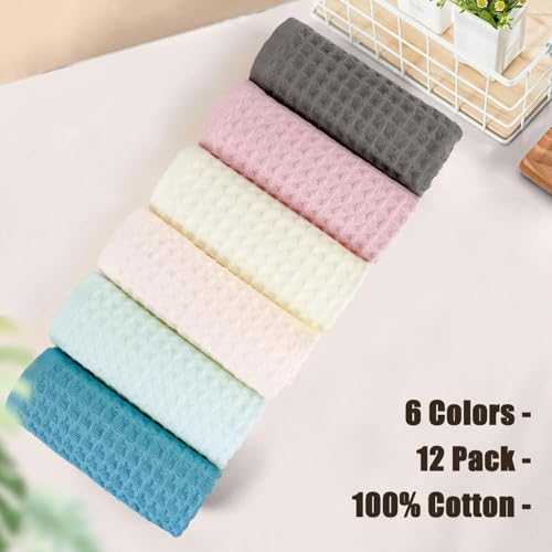 Cleanbear Waffle Cotton Wash Cloths Set of 12 - 6 Colors, 13x13 Inches, Gentle & Soft