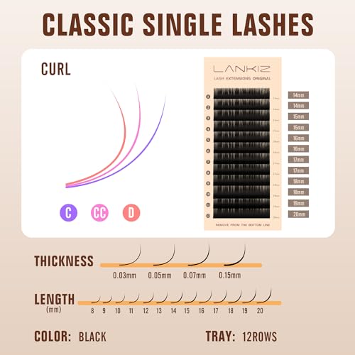 Classic Volume Lash Extension, 0.03 C Curl 14-20mm Mixed Eyelash Extension Lash Trays, Super Matt Black Individual Lash Extensions for Professional Salon Use