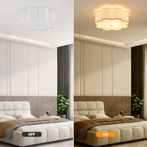 Petal-Shaped White Semi Flush Mount Ceiling Light - 17.7 Inch, Linen Shade