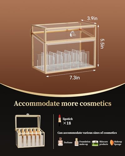 CoralHouse Glass Lipstick Organizer with Lid - Gold 18-Slot Vanity Storage