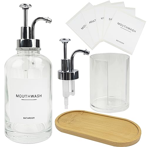 17OZ Mouthwash Clear Glass Pump Dispenser with Disposable Mouthwash Cups Holder Refillable Clear Container with Bamboo Tray, Mouthwash Labels