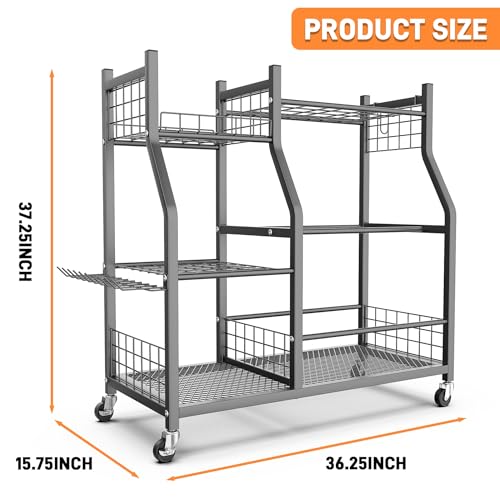 Garden Tool Organizer with Wheels - Rake & Shovel Storage Stand with Shelves - Variation: Tool Stand with Extra Shelves