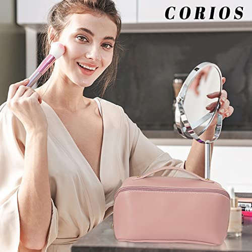 Large Capacity Travel Cosmetic Bag Make Up Bag with Handle and Zipper Multifunction Waterproof Toiletry Bag PU Travel Organiser Bag Wash Bag for Women Ladies Girls Pink A