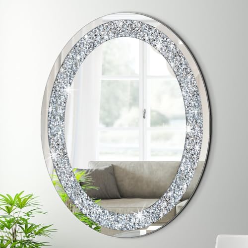 DMDFIRST 32x24 Inch Frameless Oval Crystal Bling Mirror Wall Decor - Silver