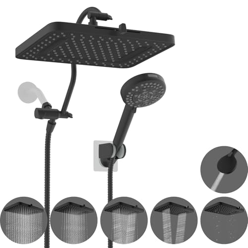 Hibbent Square 13'' Matte Black Rain Shower Head with 5 Spray Settings & Handheld