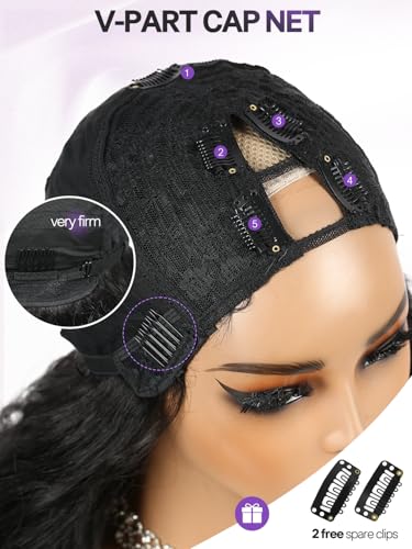 Black Yaki Curly V Part Wig 24 Inch Loose Wave Bouncy Curl Ends - Black