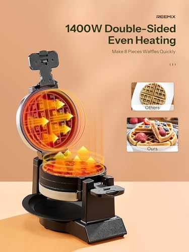 Double Belgian Waffle Maker 8 Slices, 180° Flip, 1400W Non-Stick