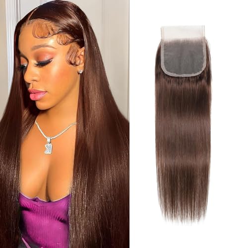 Chocolate Brown Closure 4x4 Swiss Lace Straight Wavy Human Hair Extensions 16 Inch - Variation: ST