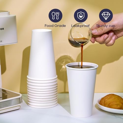 LITOPAK 16oz White Disposable Paper Coffee Cups - 1000 Pack, Bulk, Leak-Proof