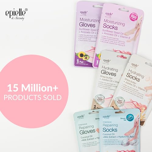 Epielle Moisturizing Hand & Foot Masks, Soften Dry, Rough Skin with Sunflower Seed Oil & Vitamin E, Self Care Gifts for Women, Spa Kit, Stocking Stuffers, 6 Moisturizing Gloves & 6 Moisturizing Socks