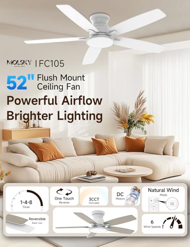 Flush Mount Ceiling Fan with Light 52 Inch White Remote Dimmable LED 6-Speed