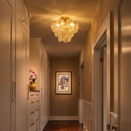 SUNVKWEY Gold Glass Flush Mount Ceiling Light - Mid Century Modern 4-Light Chandelier for Living Room & Bedroom