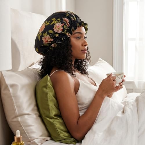 Wild Rose Mulberry Silk Bonnet for Sleeping - 19 Momme Double Layer, Non-Slip Hair Wrap for Curly Hair