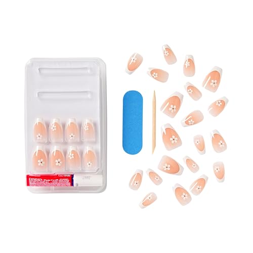 KISS | The Summer I Turned Pretty French Tip Press On Nails, ¡®Sunlit Days¡¯, Medium Coffin, Includes Pink Gel Nail Glue (2g), Mini Nail File, Cuticle Stick, & 28 Fake Nails
