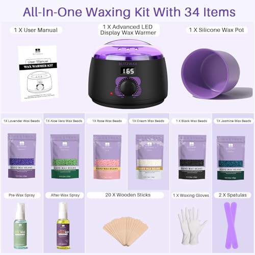 BLITZWAX Waxing Kit for Women with Purple & Black Wax Warmer - Home Use