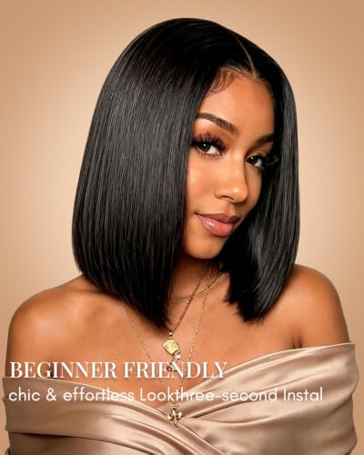 7x6 Glueless Human Hair Bob Wig - Pre-Cut Lace Closure 12 Inch - Natural Black