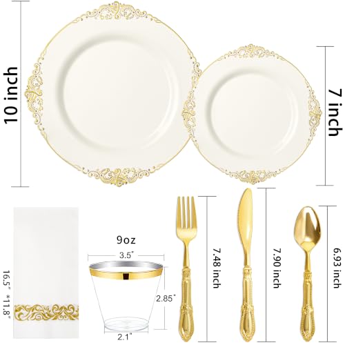 Morejoy Ivory and Gold Plastic Dinnerware Set 350PCS – Elegant Disposable Plates, Cups & Utensils for Events