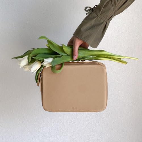 MELINE Khaki Brown Makeup Bag with Brush Holder – Large Travel Cosmetic Case