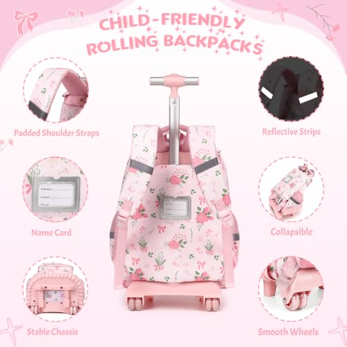 Girls Luminous Rolling Backpack with Lunch Box & Pencil Case - Flower Variation