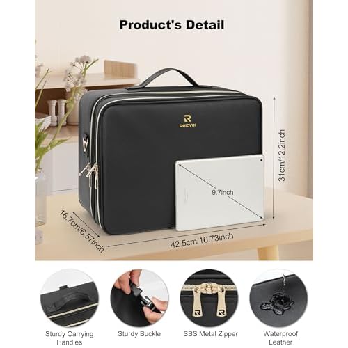Relavel Extra Large Makeup Bag, Makeup Case Professional Makeup Artist Kit Train Case Travel Cosmetic Bag Brush Organizer, Waterproof Leather Material, with Adjustable Shoulder Straps and Dividers