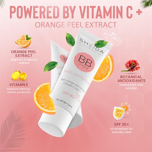 Sheida BB Cream with SPF 30+, Hydrating Daily Tinted Day Cream, Natural Finish, Buildable Light Coverage, 24h Moisture, Vitamin C & E for Even Skin Tone and Radiant Look ? 50 ml (Light)