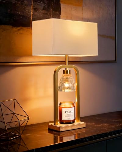 PoKat 2-in-1 Gold Table Lamp with Candle Warmer & Dimmer - Brushed Wood Finish