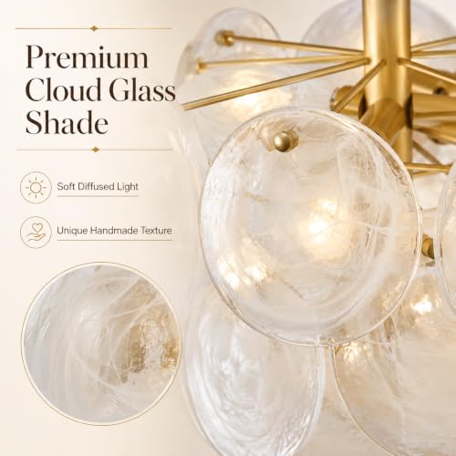 SUNVKWEY Gold Glass Flush Mount Ceiling Light - Mid Century Modern 4-Light Chandelier for Living Room & Bedroom