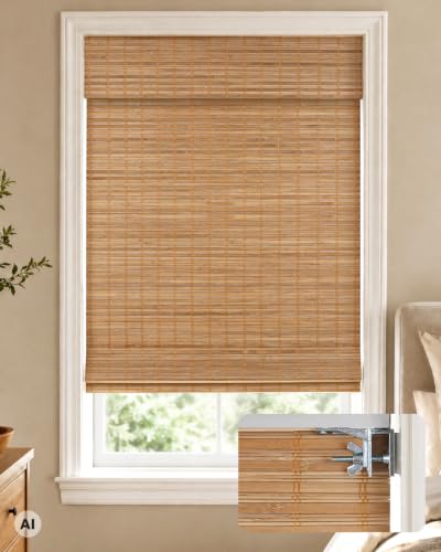 LazBlinds Blackout Bamboo Roman Shades - No Drill Cordless Room Darkening Blinds, 20x48 Inches