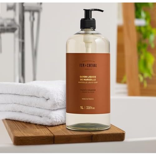 Fer a Cheval Marseille Liquid Soap, Orange Blossom, 1 L / 33.8 fl oz ? Gentle Hand and Body Wash with Shea Butter ? Made in France