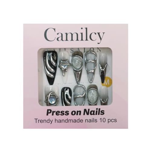 Press on Nails Handmade Nails Luxury Reusable Fake Nails For Girls long Almond Armor Tip Black Silver Diamonds HandPainted Salon Loveful Design Acrylic GelUV Finished 3DNails 10PCS(A70, S)