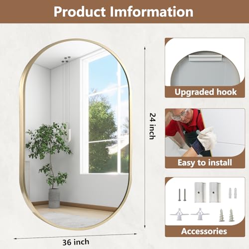 Gold Oval Bathroom Mirror 24x36 with Brushed Metal Frame, Wall Mount Vanity Mirror by Jenbely (24" L x 36" W)