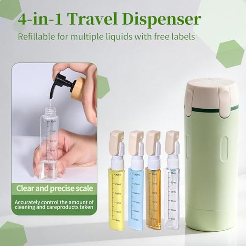 4-in-1 Travel Dispenser Bottle, Portable Cosmetic Dispenser Containers for Shampoo Lotion Conditioner Cream, Leak Proof Travel Dispenser, 30ML, Green