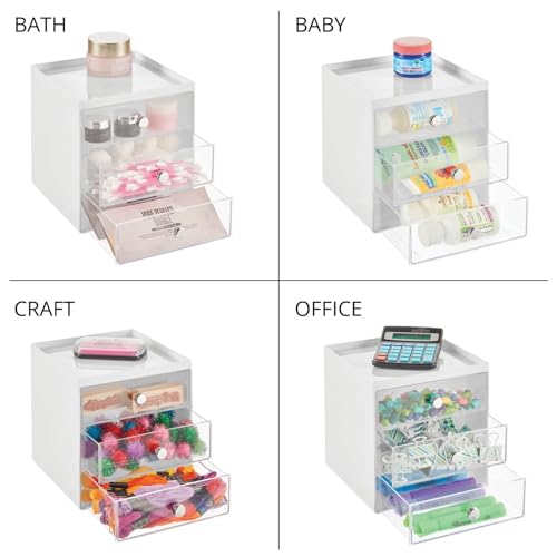 mDesign Makeup Organizer Storage Cube with 3 Drawers - White/Clear