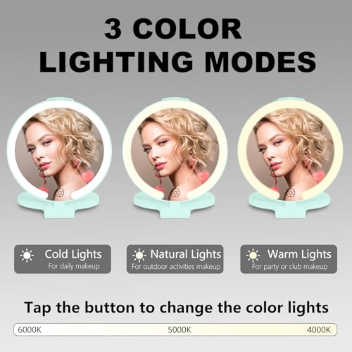 7 Inch Rechargeable Folding Double Sided Makeup Mirror with Lights - Cyan