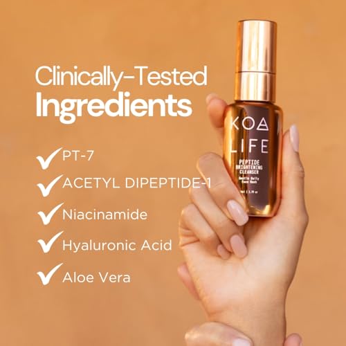 KOA LIFE Daily Gentle Peptide Facial Cleanser. Hydrates and anti-ages. In a metallic copper glass pump bottle and metallic copper outer cylinder carton