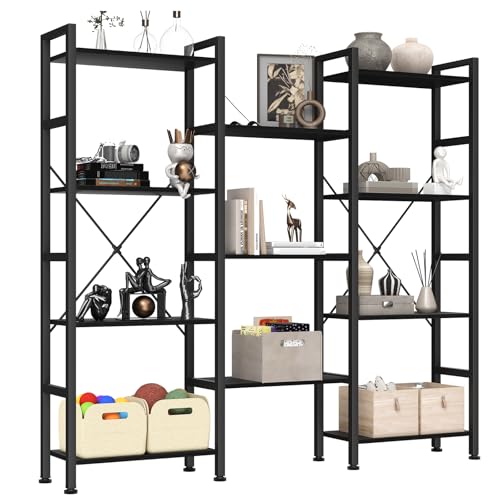 DUMOS Triple Column 4-Tier Industrial Bookshelf - Classic Black, 10.2 x 62.3 x 54.6 Inches
