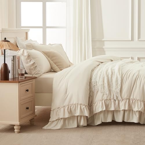 Beige Super King Plus Ruffle Comforter Set - 3 Pieces, 128"x120" | Elegant Bedding